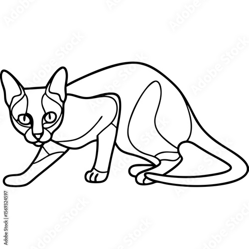 Bengal cat stalking prey depicted in minimalist line drawing, creating simplistic linear artwork. Bengal cat captured with stylized thin lines shows graceful form.