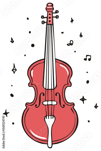 Illustration of a vibrant coral violin with white strings against a black background with musical notes and stars