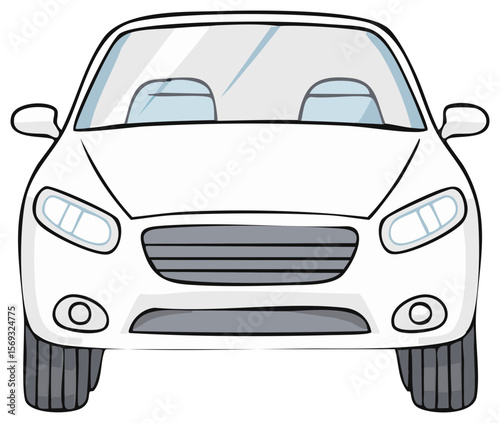 Front view of a cartoonish white car with grey accents on a transparent background; transportation concept