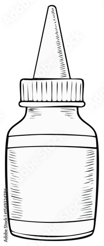 White squeeze bottle with narrow dispensing nozzle cap, monochrome doodle line art illustration isolated on black background, medicine vial or adhesive container.