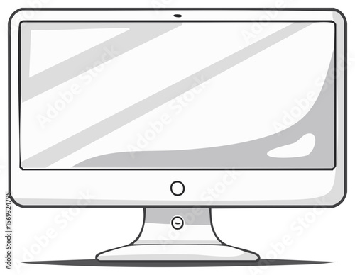 Modern desktop computer with a wide screen in minimalist design, reflecting light, isolated on a transparent background, technology illustration