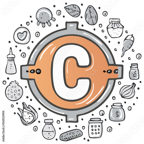 Vitamin C Doodle with Foods and Spices, Dietary Supplements Concept, Organic Products and Vegan Nutrition