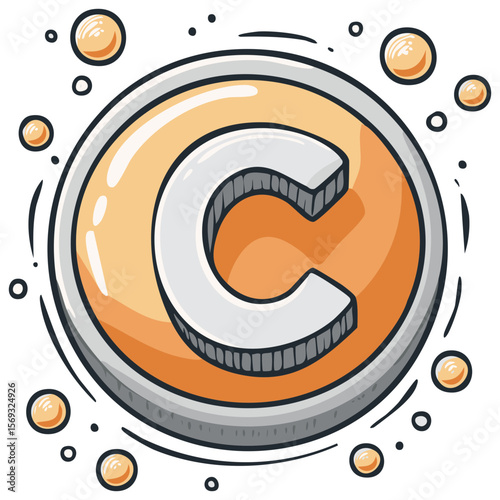 Cartoon Styled Coin with C Letter and Bubbles on Black Background, Illustration of Cryptocurrency Concept, Design Element