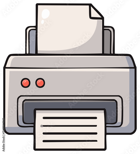 Cartoon printer producing documents, an office machine on transparent background, vector style with outlines, vector office equipment