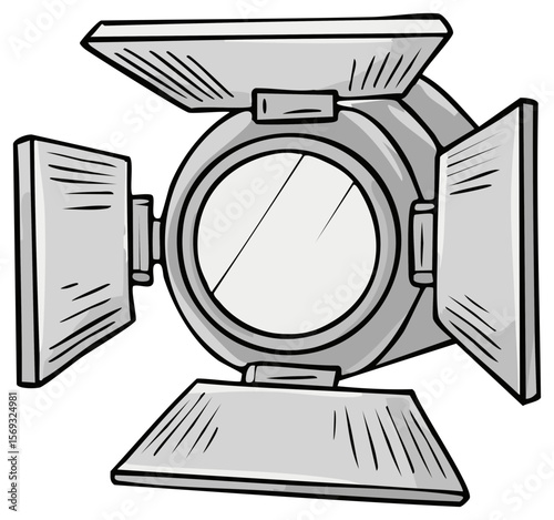 Illustration of a theatrical spotlight, stage light, movie light, or film lighting with hinged flaps