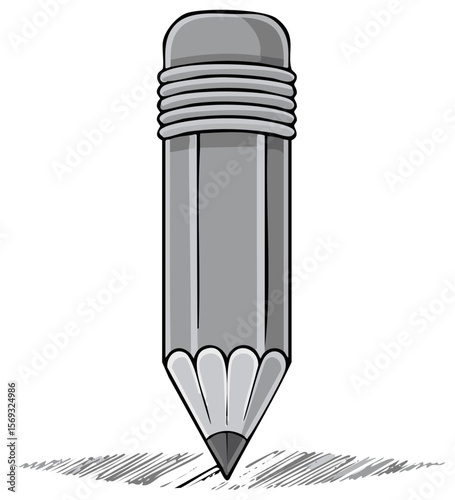 Illustration of a gray pencil with eraser writing or drawing on a black backdrop, emphasizing creativity and education.