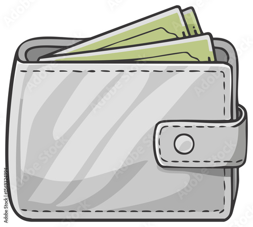Stylized cartoon wallet icon with light grey leather texture and a few green banknotes sticking out, on transparent background