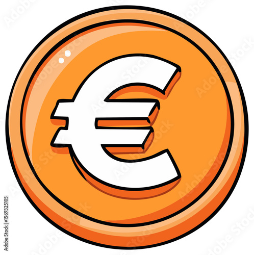 Cartoon Euro Coin, Orange and White Currency Symbol Illustration with Comic Book Style Outlines on a Transparent Background