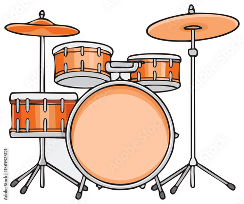 Cartoon drum set illustration featuring a bass drum, snare drum, tom-toms, and cymbals against a transparent background.
