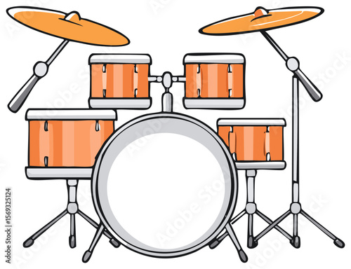 Cartoon drum set illustration with orange drums and a bass drum, including cymbals, drums kit vector graphic with blank heads ready for customization