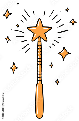 Elegant golden star wand casting a dreamy spell on a black night sky full of tiny sparkling stars