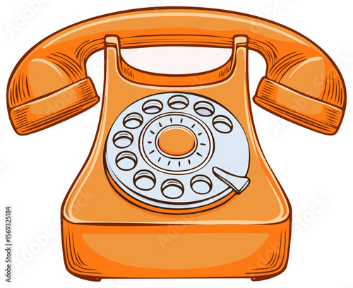Cartoon illustration of a vibrant orange rotary phone against a transparent background, vintage communication device, isolated object