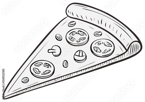 Slice of appetizing monochrome hand-drawn pizza with mushrooms and tomatoes isolated on transparent backdrop for menu design.