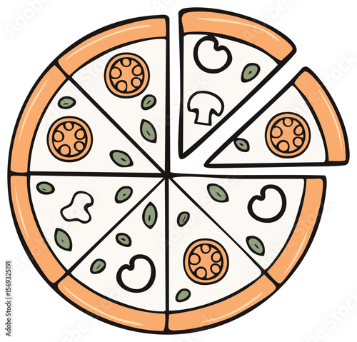 Pizza with mushrooms, olives, and tomato topping with one slice missing, on a transparent background, food illustration for pizzeria menu