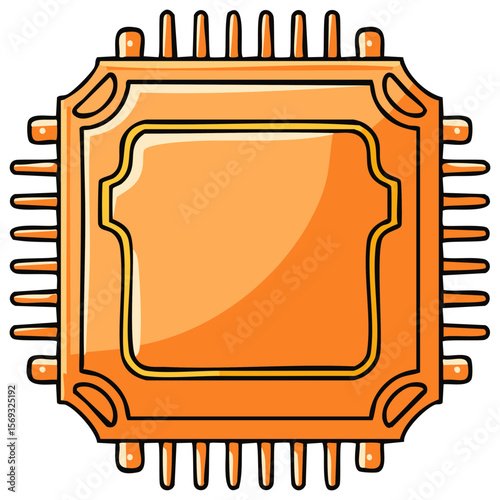 Isolated orange cartoon computer chip with multiple pins, representing technology, hardware, and digital processing power