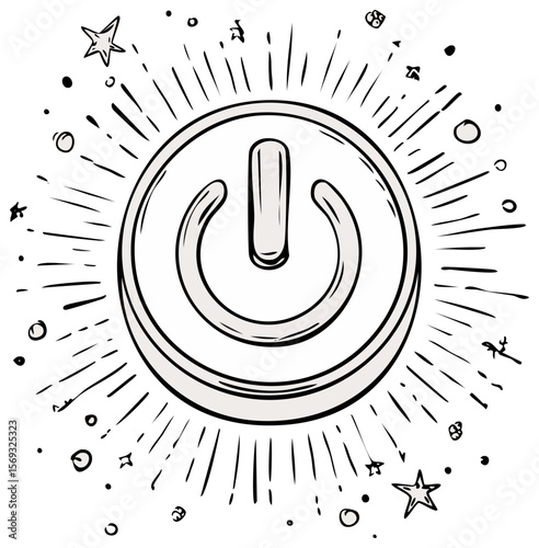 Hand-Drawn Power Button Icon with Stars on Black Background, Graphic Element for UI/UX Design, Comic Style, Digital Art
