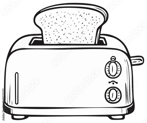 Stylized monochrome drawing of a toaster with a slice of bread inside and visible dial settings against a transparent backdrop