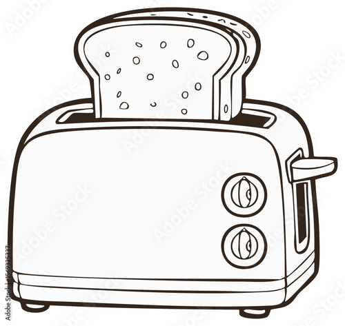 Simple Toaster Illustration with Bread, line art style. Vector outline of a modern kitchen appliance, food preparation for breakfast with slice of toast, transparent background.