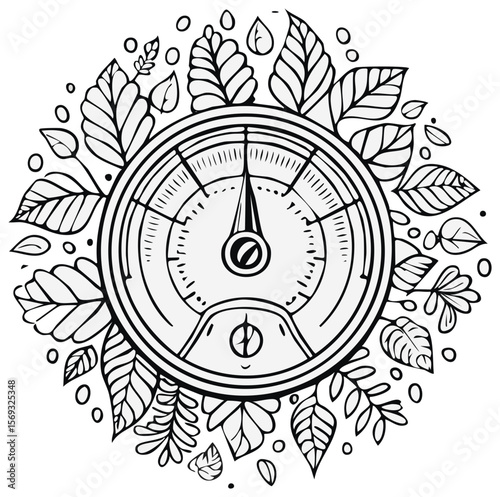 Elegant speedometer surrounded by delicate leaves and berries in black and white, indicating high speed and performance measurement.