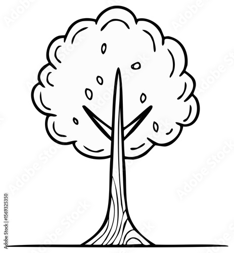 Stylized monochrome tree illustration featuring a full canopy and textured trunk on transparent background, creating minimalist graphic.