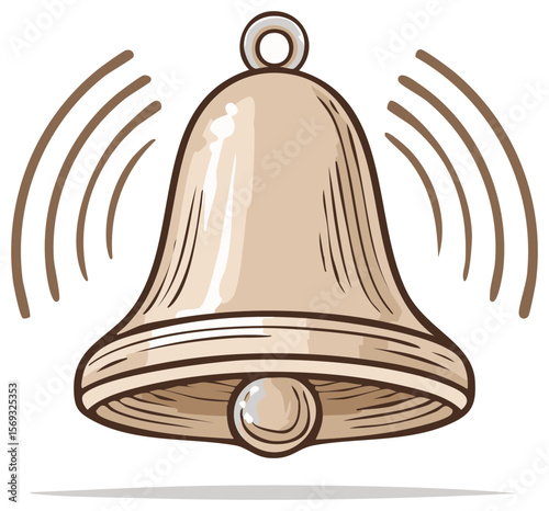 Vintage Style Ringing Bell Illustration with Sound Waves on Transparent Background, Notification, Alert Icon, Alarm