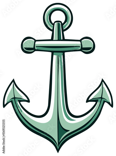Illustration of a stylized teal metal anchor with a thick outline against a dark transparent backdrop, nautical theme, vector design.