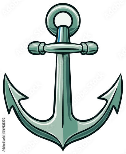 Cartoon illustration of a gray metal ship anchor, nautical symbol for holding ships and boats safely in place.