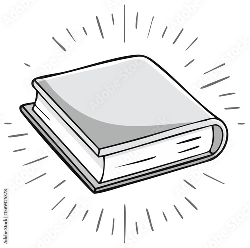 Illustrated Gray Book with Glowing Light Rays, Representing Knowledge and Learning Concepts