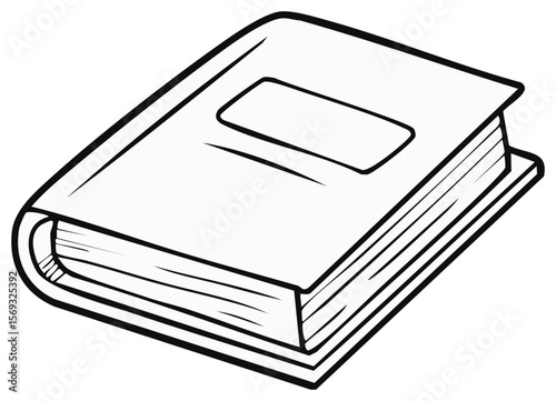 Illustration of a Closed Hardcover Book in White with Black Outlines, Education and Knowledge Resource, Graphic Novel Style