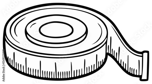 Roll of Tape Measure Line Art in Black and White for Design Element, Construction, Tailoring, DIY Crafting, Measurement, and Technical Drawings.