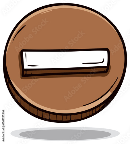 Cartoon minus sign icon on a brown round coin or button against a dark backdrop, symbolizing subtraction or negative values