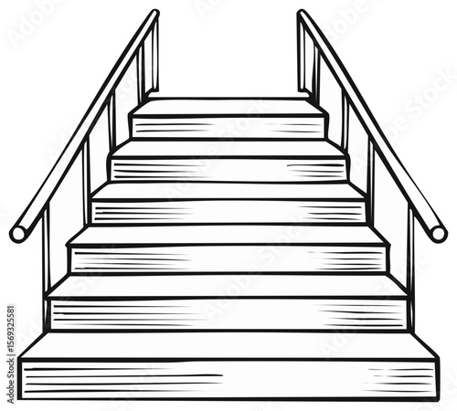 Illustration of simple straight stairs with handrails, black outlines and transparent background, ascending path design