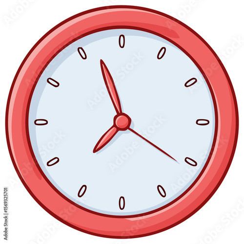 Cartoon Vector Illustration of a Red Framed Wall Clock Showing Time, Round Clock with Hands and Numbers