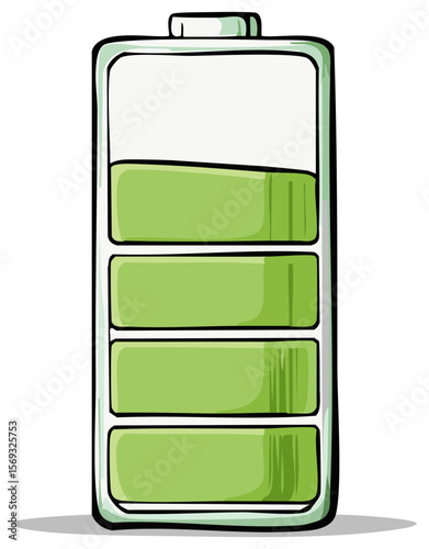 Hand-drawn illustration of a battery with a green charge level, representing energy or power, set on a transparent backdrop