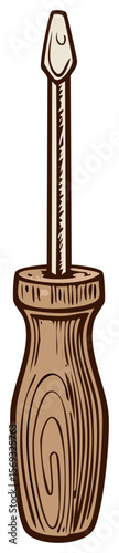 Cartoon vector image of a slot head screwdriver with a wooden handle on a transparent background.