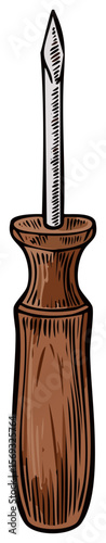 Illustration of a wood-handled awl, featuring a metal shaft with a sharp point, against a clean, stark black background.