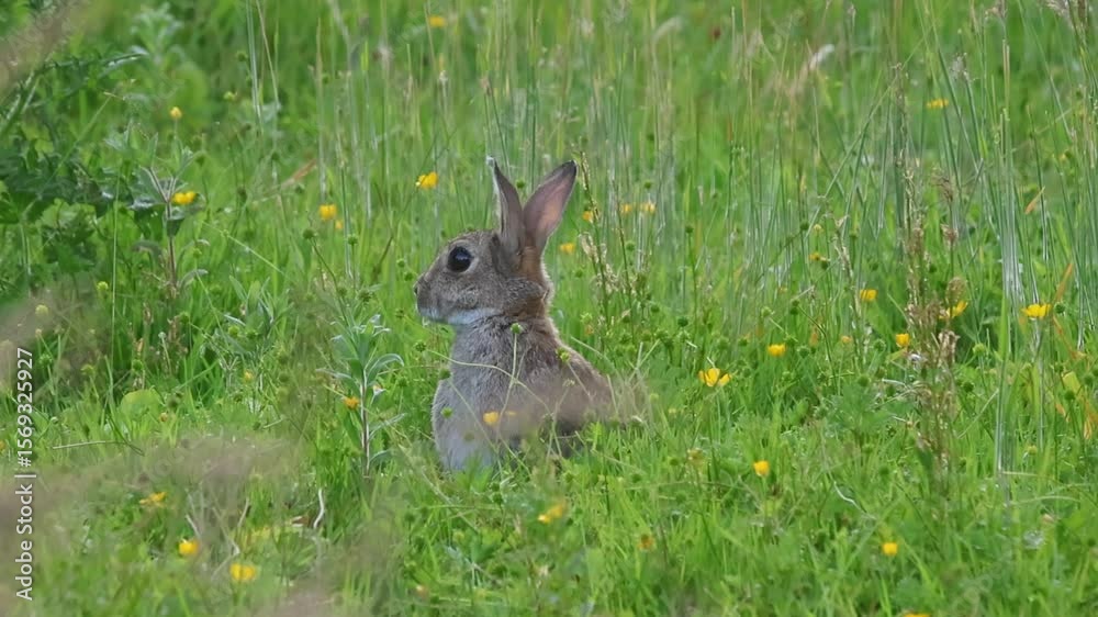 Close-up shot of a rabbit sitting alertly, moving its nose, amidst grass with yellow wildflowers