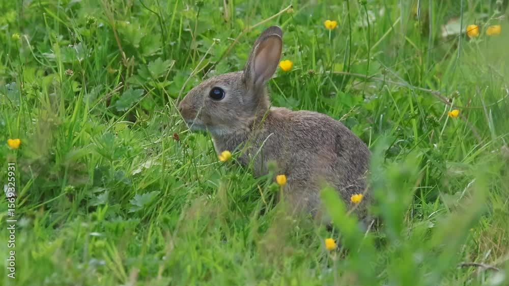 Close-up shot of a European rabbit sitting alertly amidst lush grass with yellow wildflowers