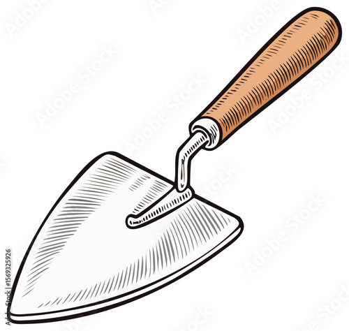 Illustration of Hand Trowel for Gardening and Planting, Wood Handle and Metal Blade, Isolated on Transparent Background