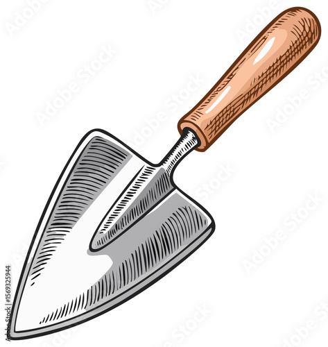Illustration of a steel garden trowel with a wooden handle, designed for planting, weeding, and transplanting small plants and flowers in a garden.