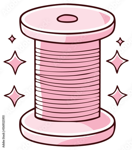 Cartoon Pink Thread Spool with Sparkling Details, Craft and Sewing Design Element, Isolated Image