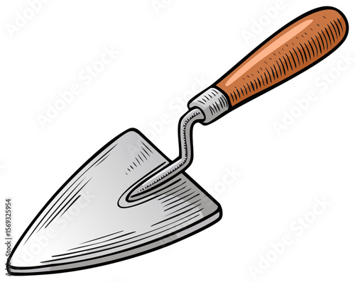 Illustration of a garden trowel with a wooden handle on a transparent background, detailed construction tool for gardening.