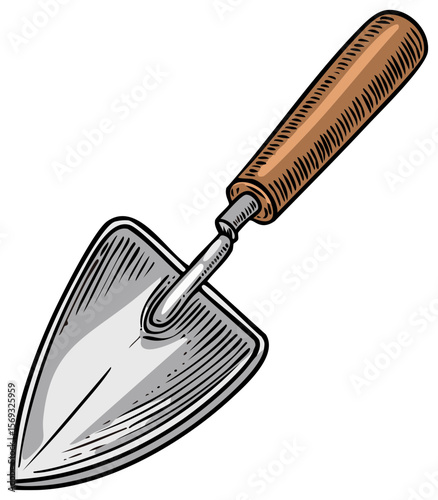Hand-drawn garden trowel with a wooden handle, an essential tool for planting, digging, and garden care on transparent background