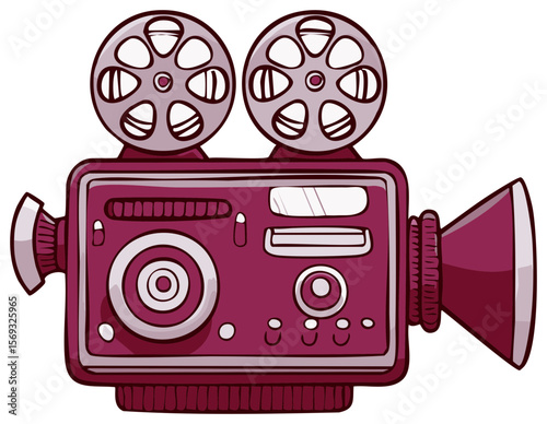 Retro Film Camera Illustration with Reels, Lens, and Other Details, Against Black Background, Hand Drawn Style, Flat Design