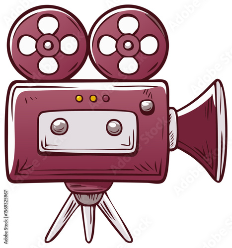 Cartoon old movie camera on a tripod with film reels, light, and lens, isolated on transparent background