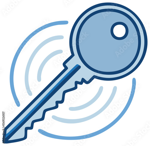 Digital Blue Key Icon with Emanating Signal Waves, Symbolic of Security Access and Technology