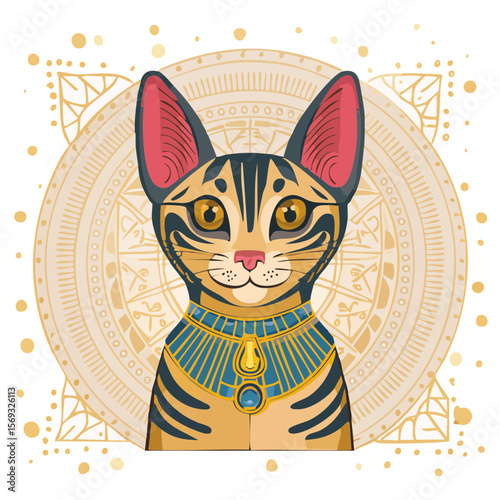 Stylized Ancient Egyptian Cat Illustration with Geometric Background