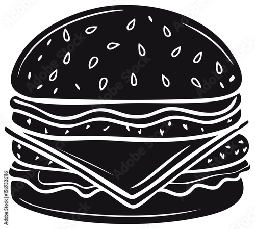 Stylized monochrome illustration of a delicious burger with cheese, bun, and sesame seeds for menu design or marketing materials.