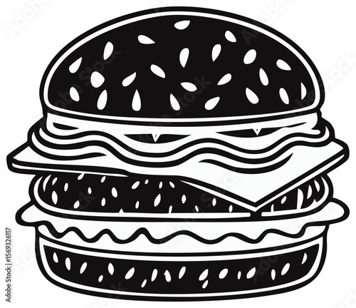 Monochrome Vector Illustration of a Delicious Hamburger with Cheese and Sesame Seeds on Black Background
