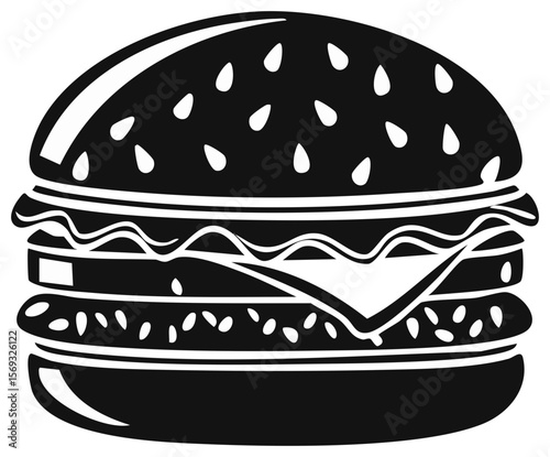Monochrome Burger Graphic Illustration with Seeded Bun, Cheese, and Lettuce on Black Background